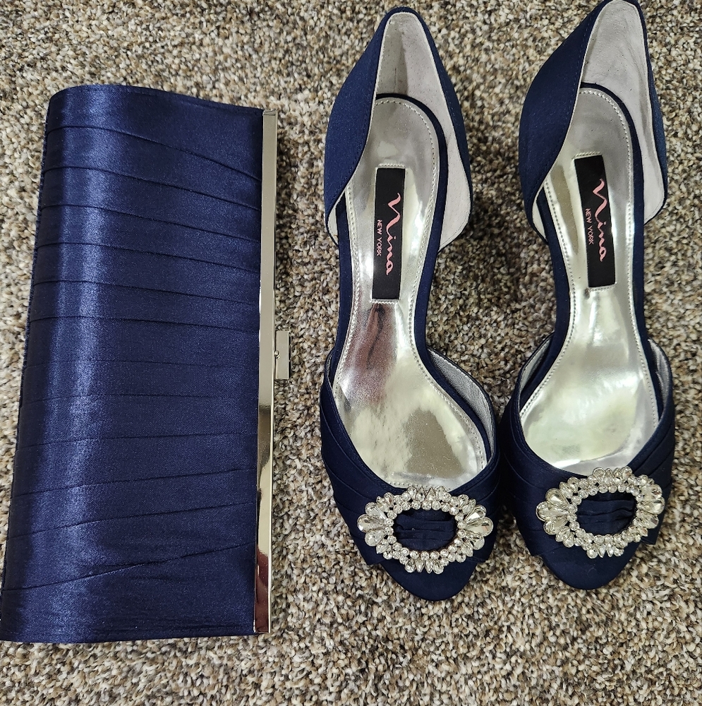 Navy Blue Women's Shoes (Size 8) And Clutch